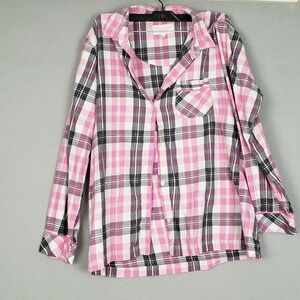 Victorias Secret Size M Long Sleeve Flannel Pajama Top Pink Black Plaid Cozy Y2K
